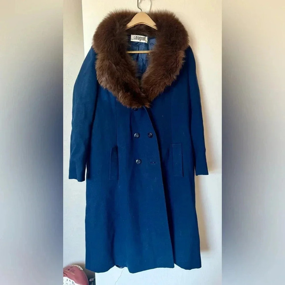 Vintage Blue Wool Coat With Fur Collar - Picture 3 of 5